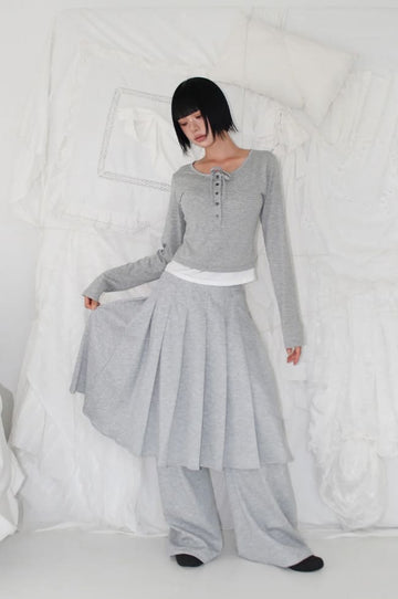 (Brushed Lining) BUTTON STRAP LAYERED TEE